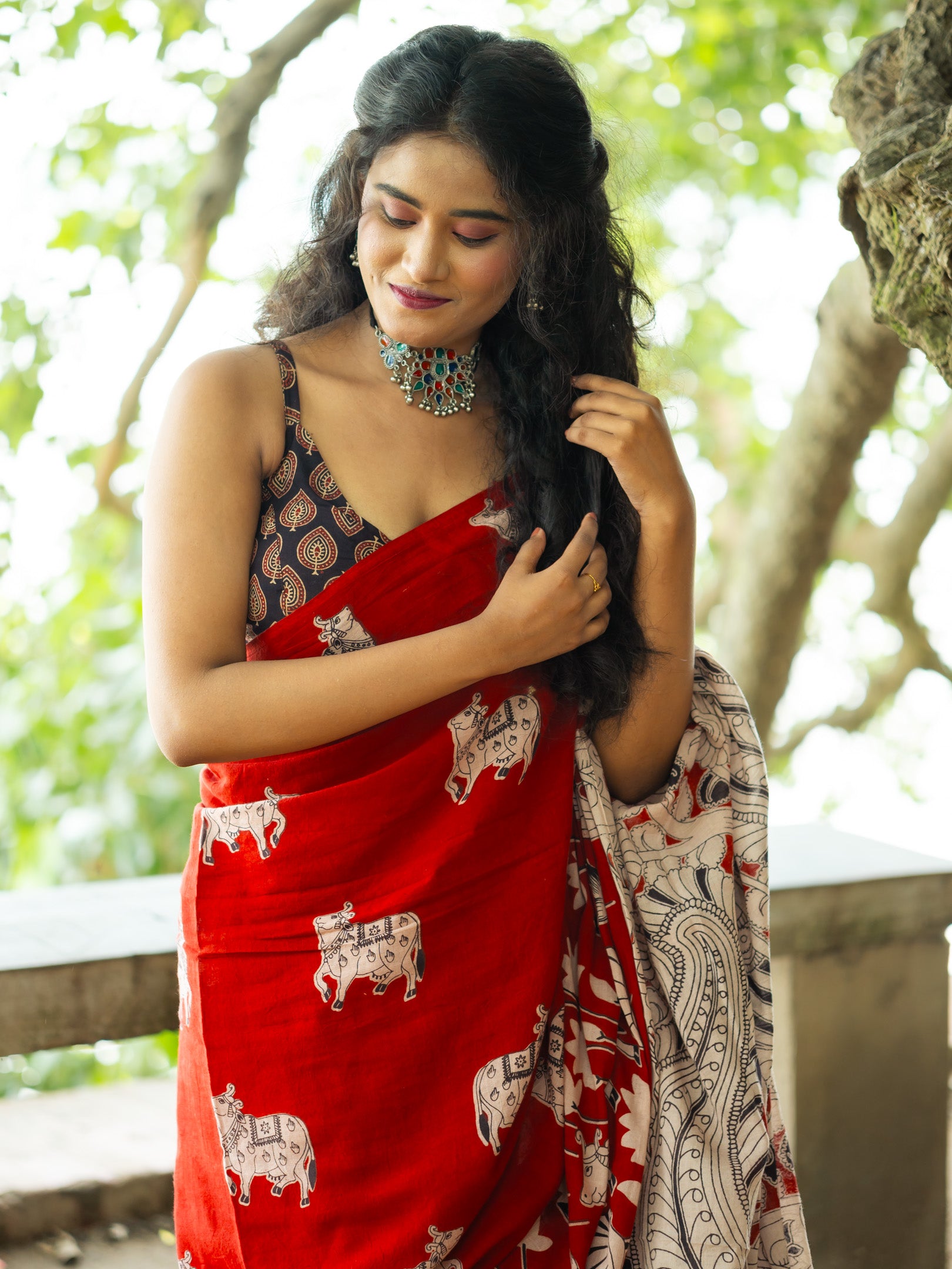 Red Nandi Kalamkari Cotton Saree