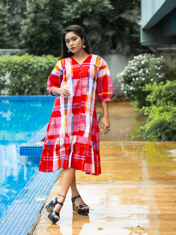 Laal Mela — Handwoven Gamcha Check Dress