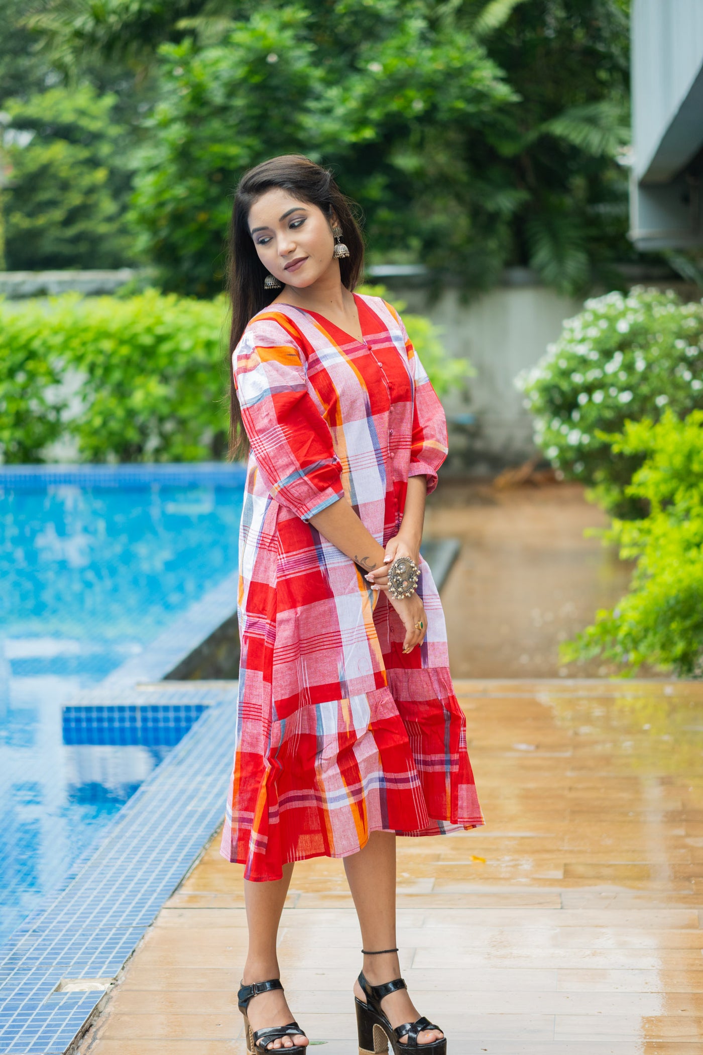 Laal Mela — Handwoven Gamcha Check Dress - Uttariya