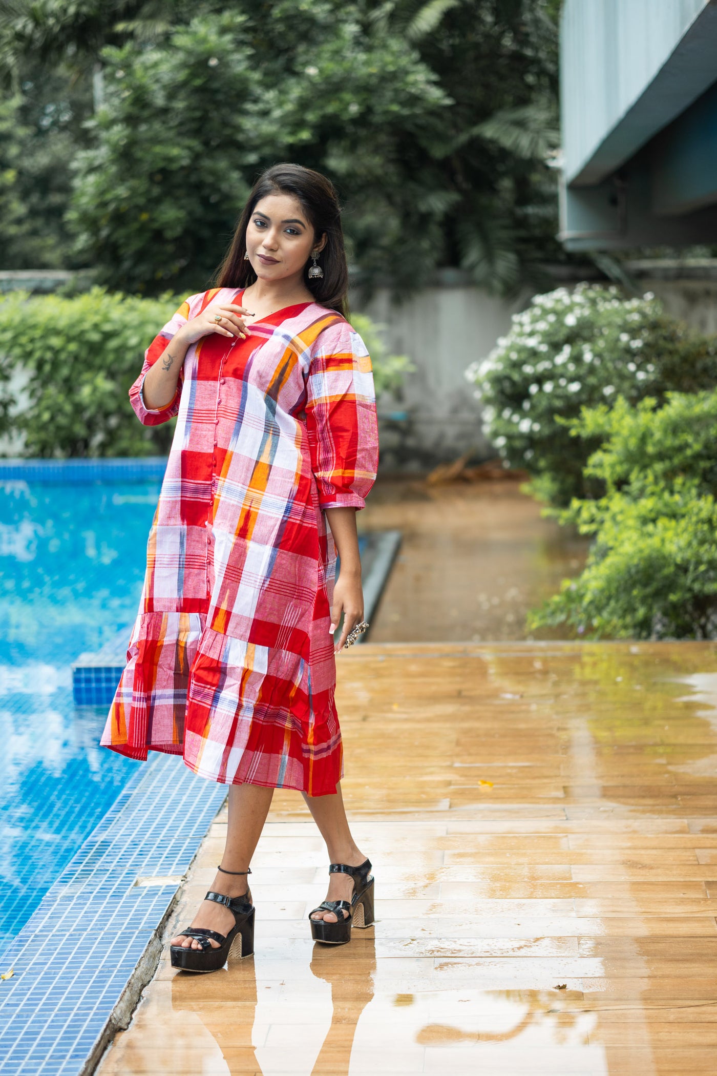 Laal Mela — Handwoven Gamcha Check Dress - Uttariya