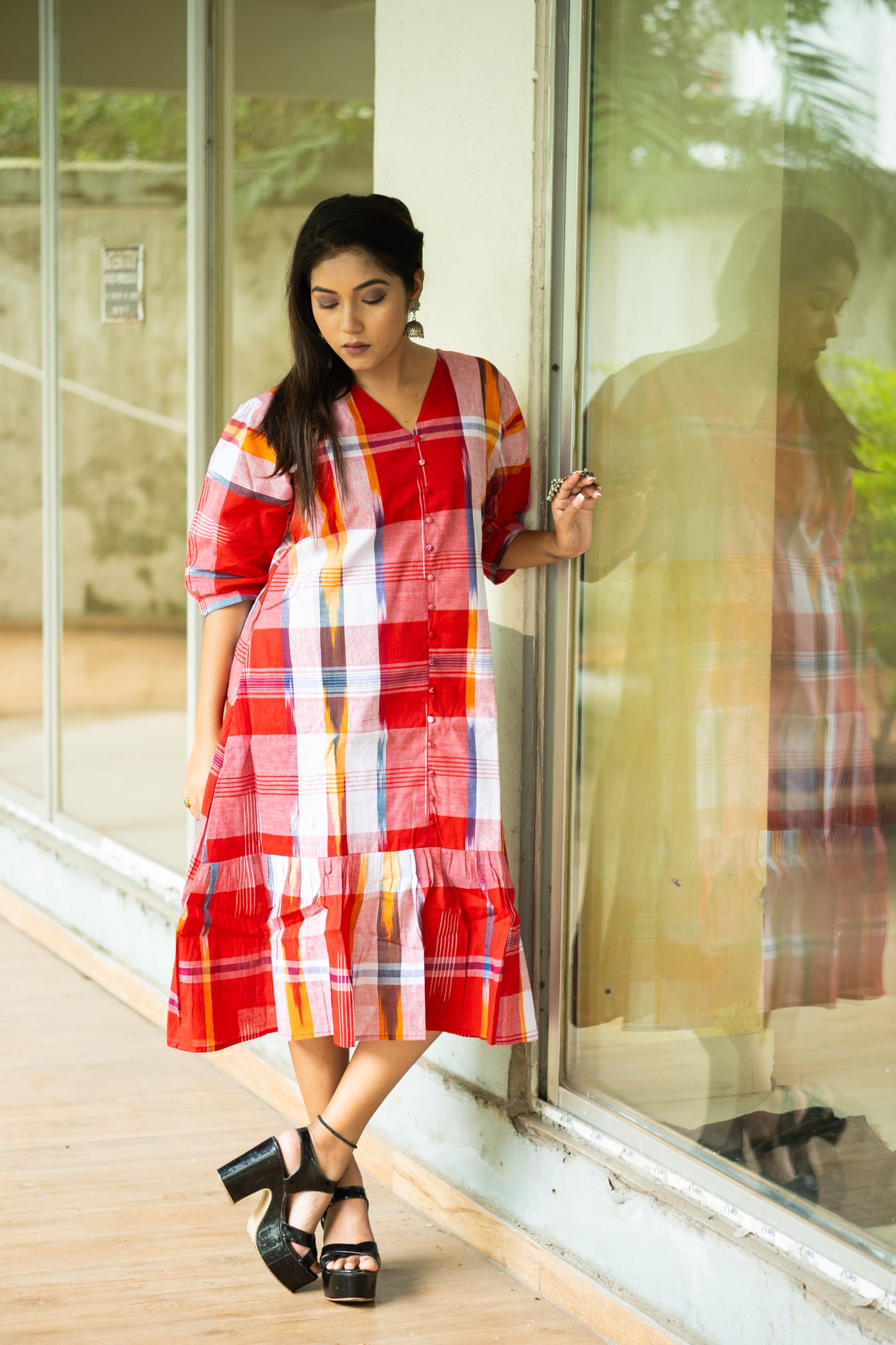 Laal Mela — Handwoven Gamcha Check Dress - Uttariya
