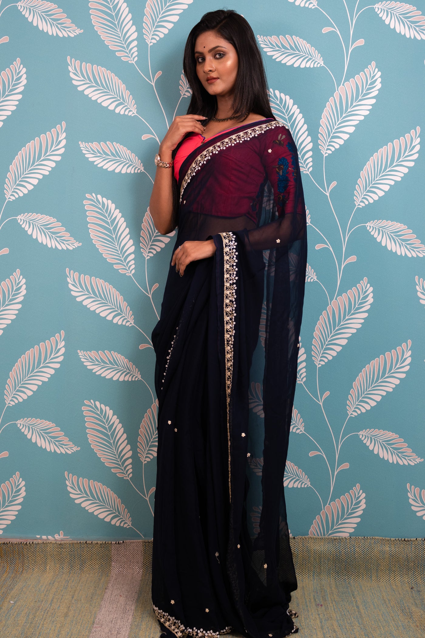 Navy Sitara Saree - Uttariya