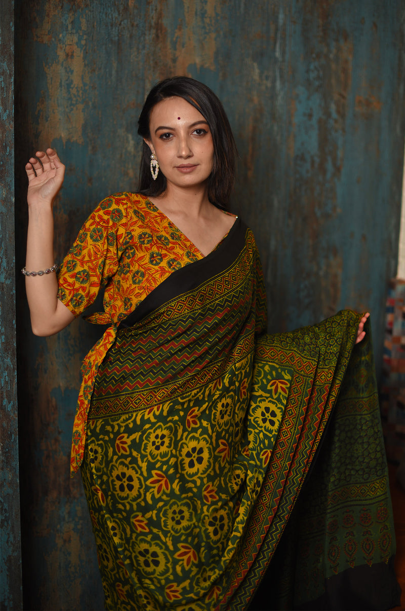 Ajrakh Modal Silk Saree - Uttariya