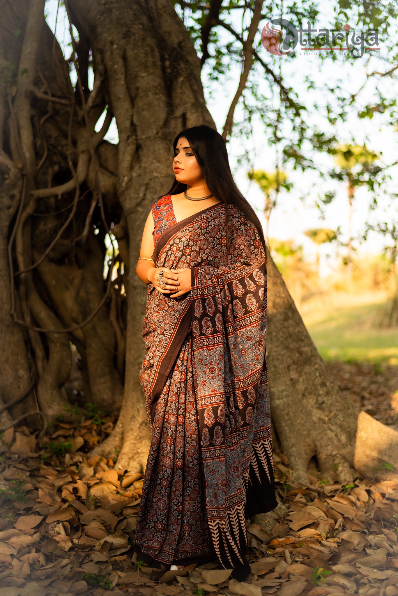 Ajrakh Saree on Rotten Woods - Uttariya