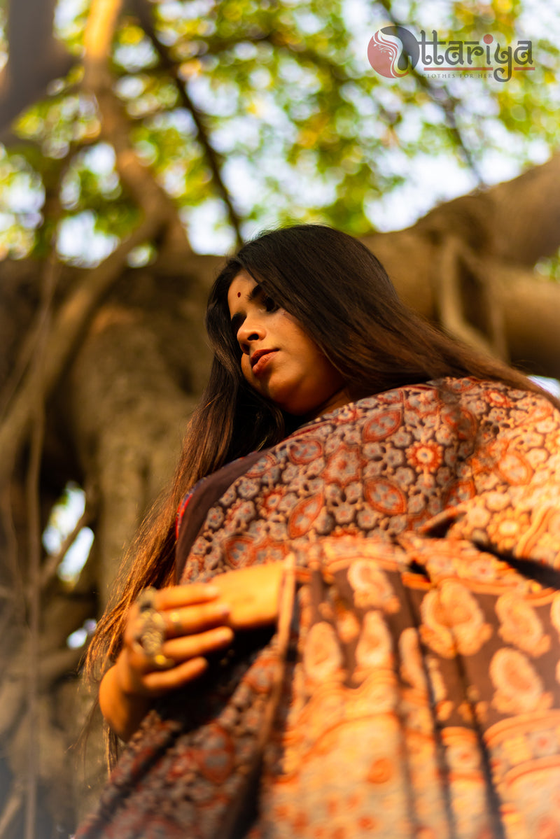 Ajrakh Saree on Rotten Woods - Uttariya