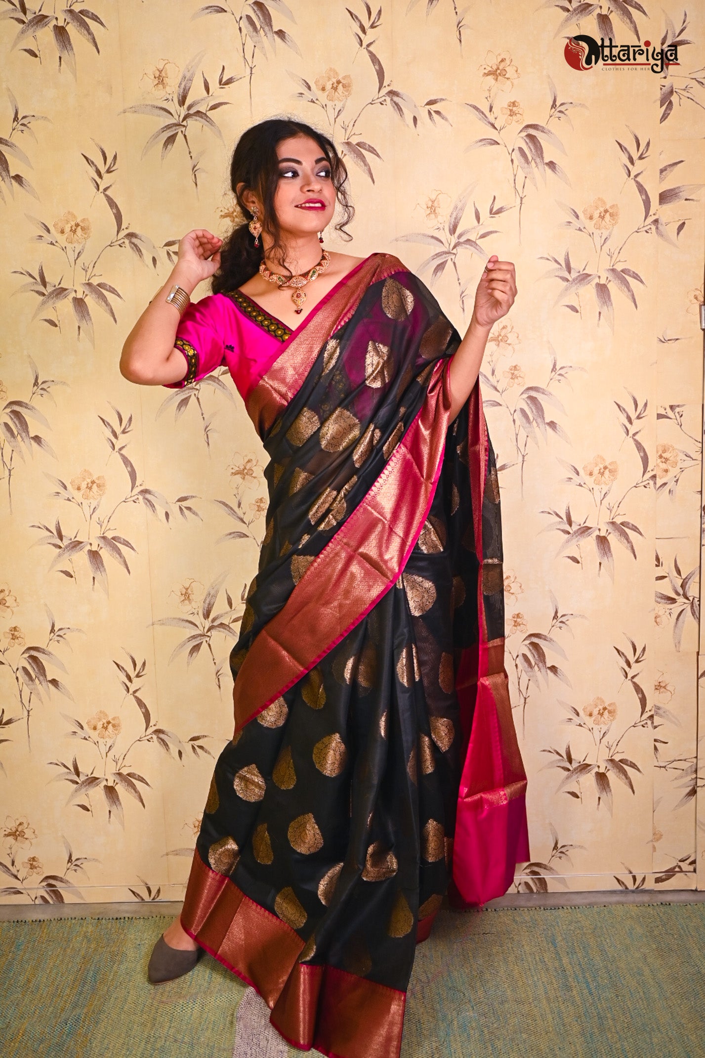 Buy Banarasi Silk Works Women Black Pure Khaddi Saree with Unstitched Blouse  online