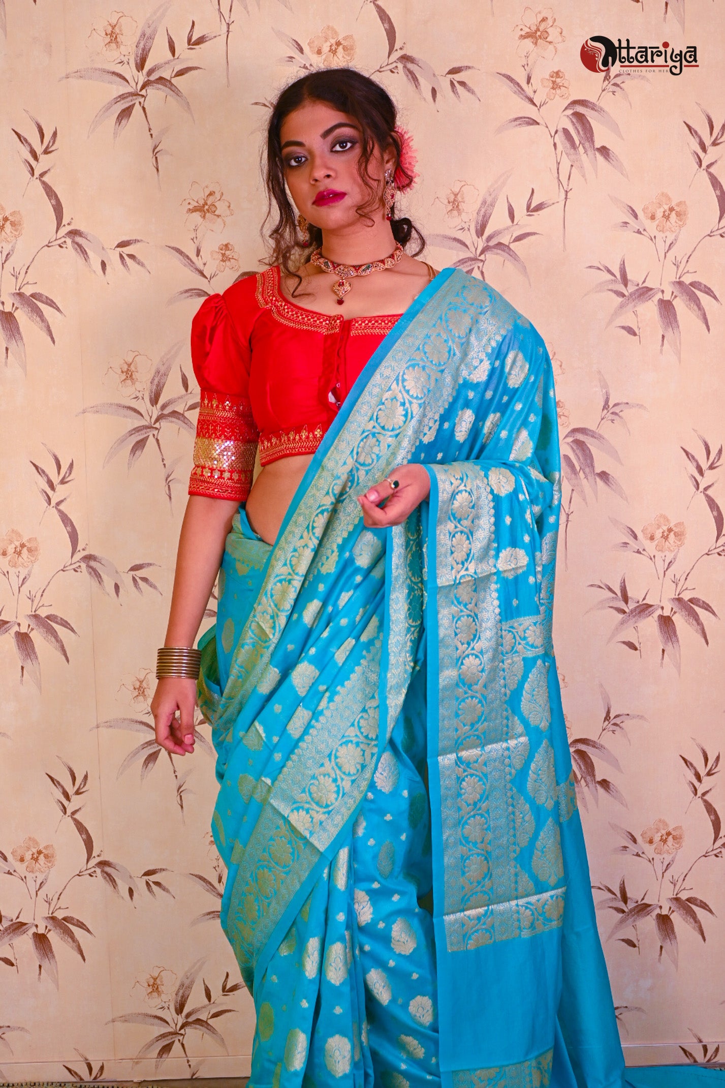 Buy online Soft Organza Banarasi saree with Banarasi Blouse - Blue-AF271