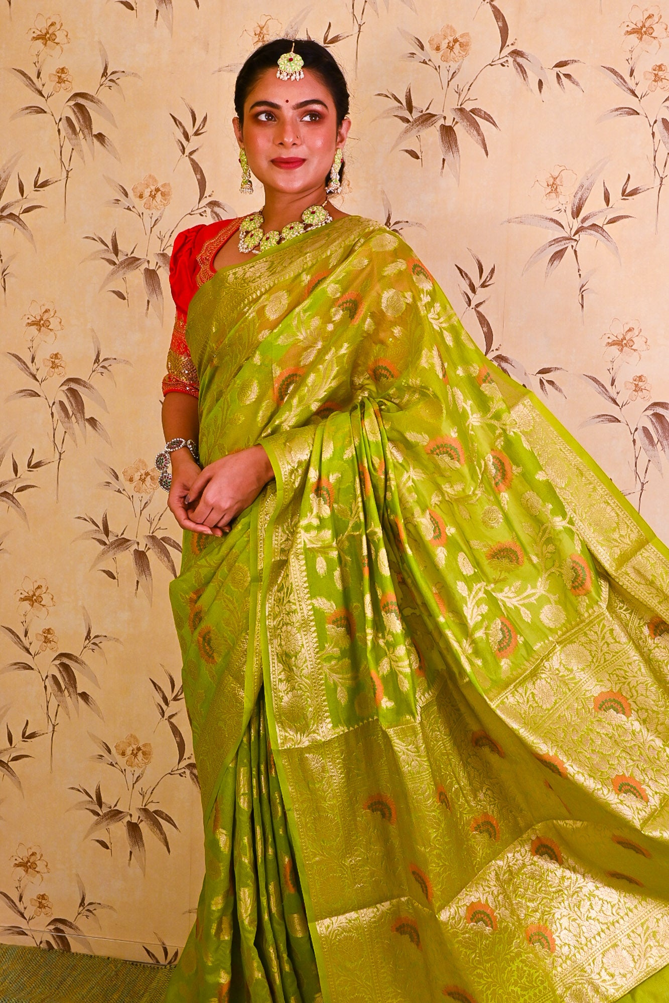 Green Lime Banarasi Saree - Uttariya