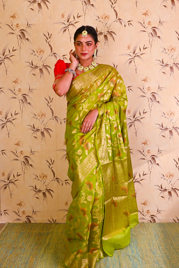 Green Lime Banarasi Saree - Uttariya