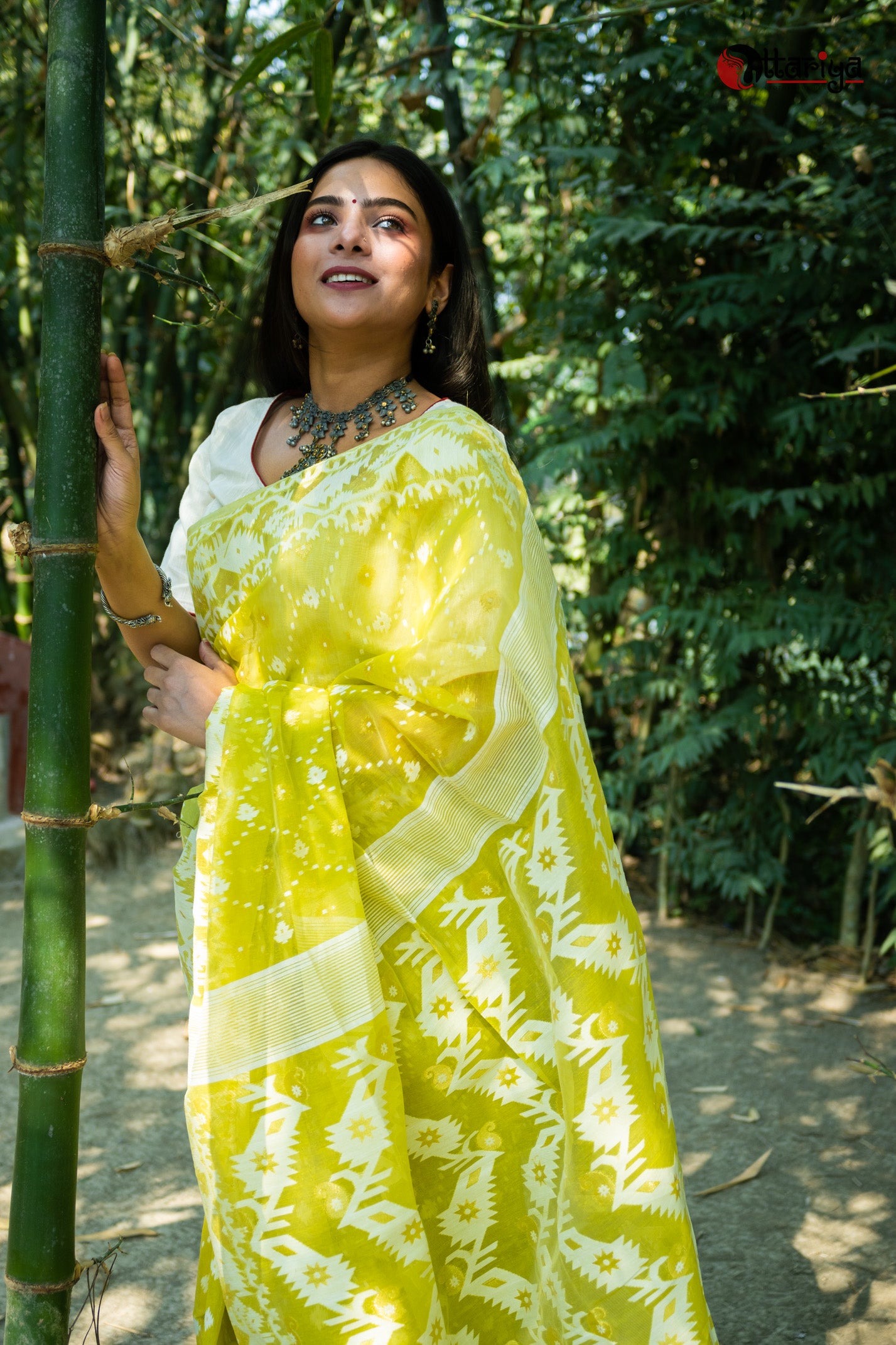 Lime Maslin Jamdani Saree