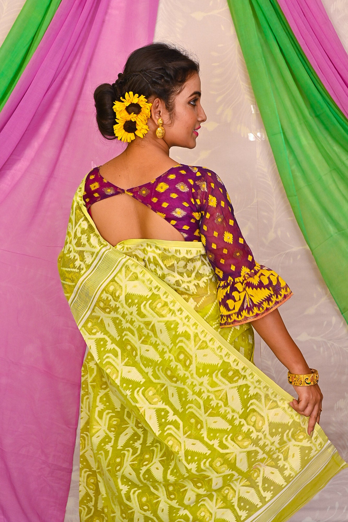 Lime green organza saree with floral embroidery blouse – Sohni