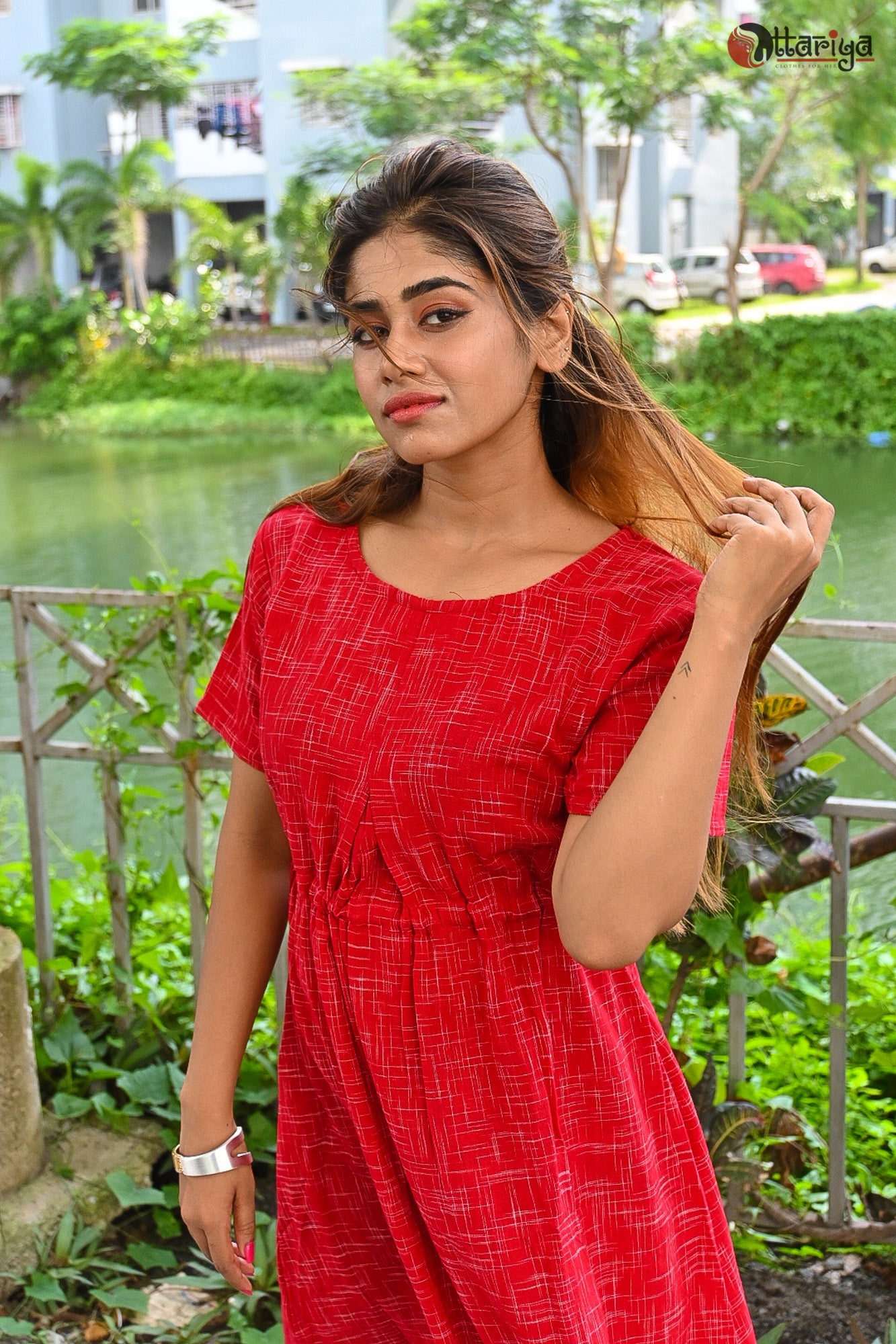 Buy Red Flared Dress In Hand Block Print Online - W for Woman