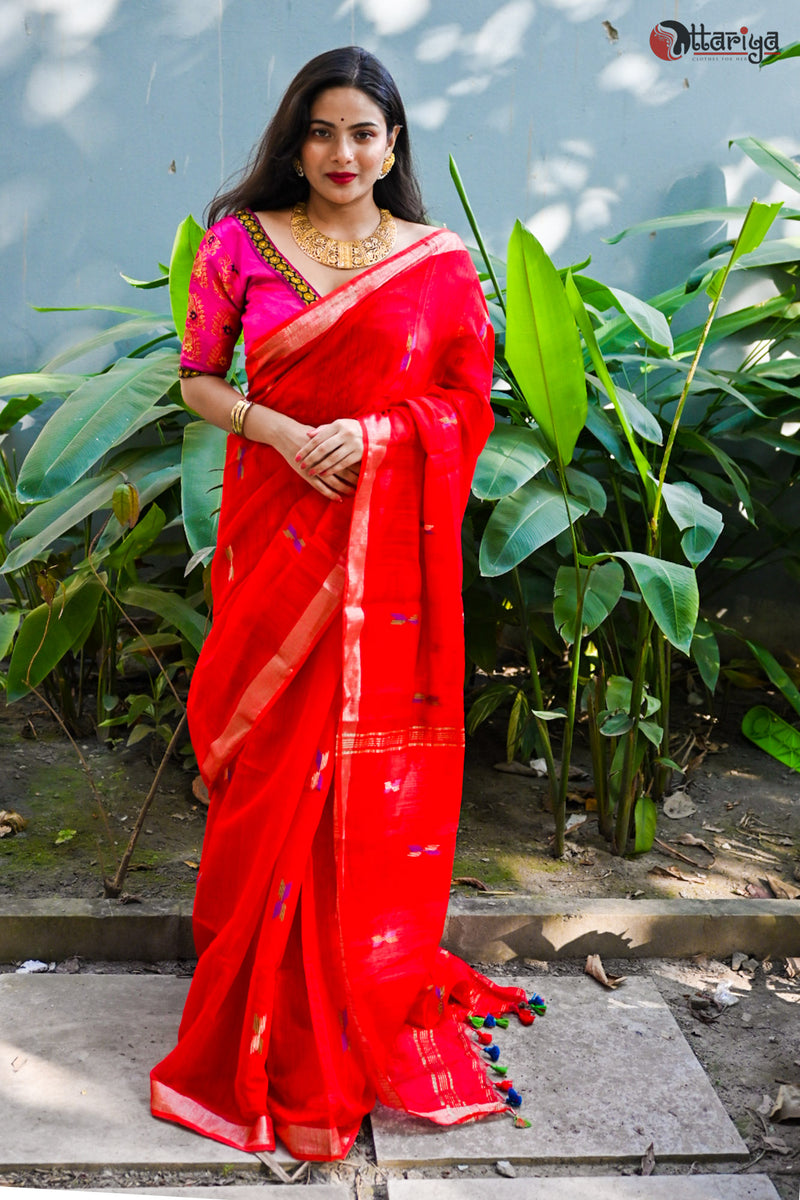 Red Silk Linen Saree