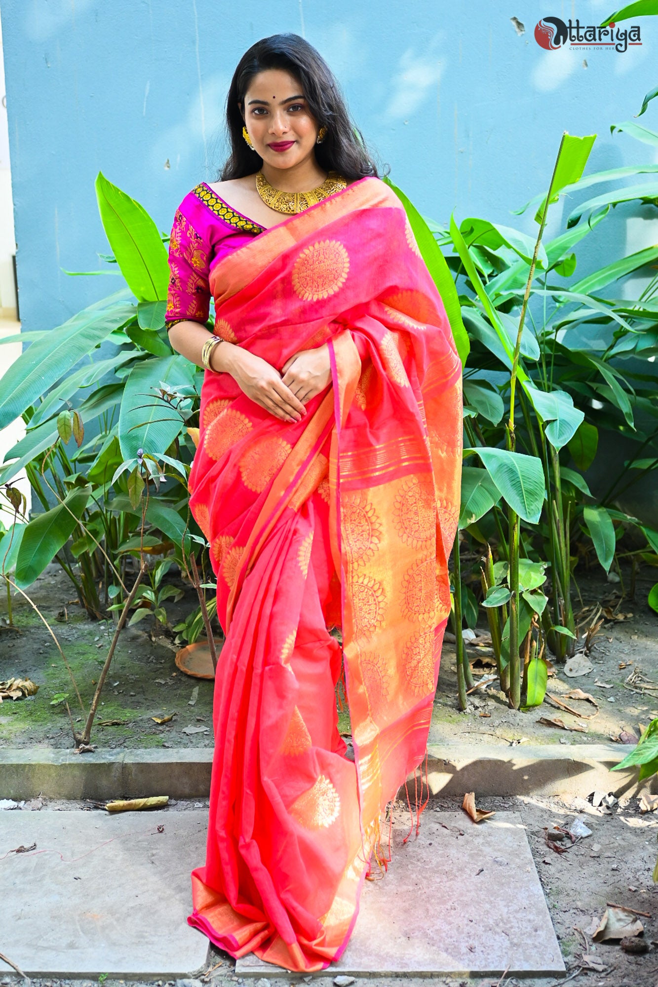 Maheswari SIlk Coral Saree - Uttariya
