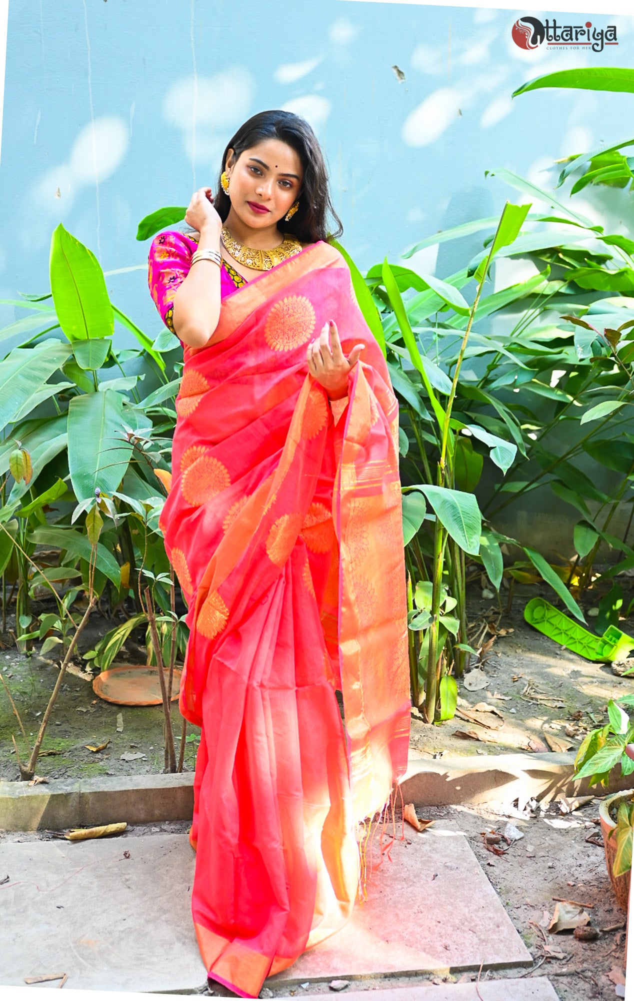 Maheswari SIlk Coral Saree - Uttariya