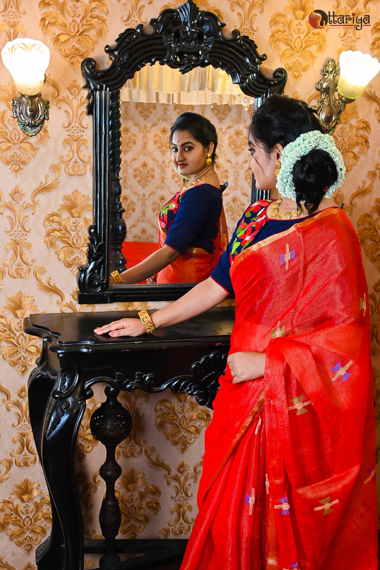 Red Silk Linen Saree - Uttariya