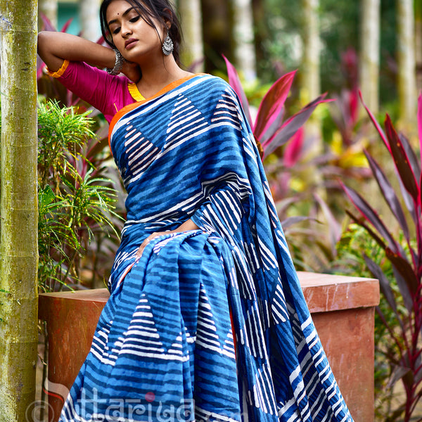 Leaves Block-Printed Indigo Kota-cotton Saree – Shilphaat.com