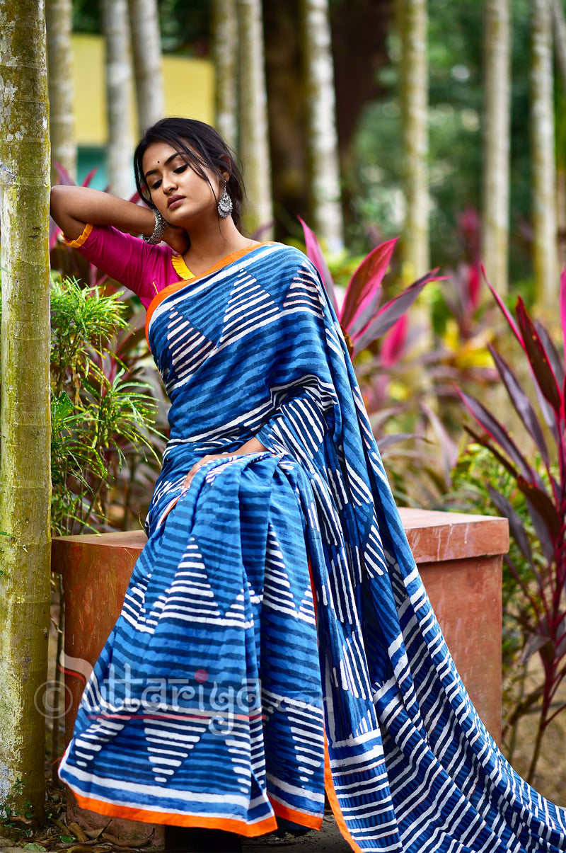 Indigo Blue Banarasi Kora Silk Saree with Pashmina Weaving & Zari Bord –  Ethnos Global