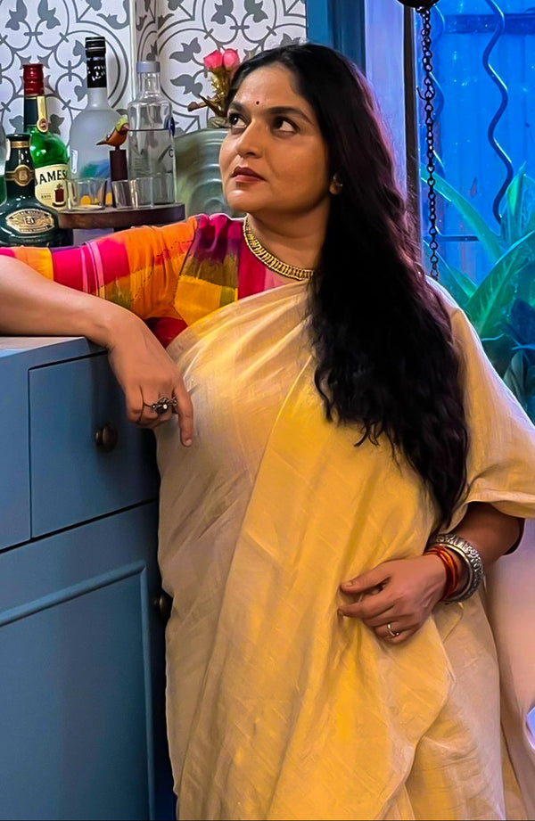 White gold Makhmal Saree - Uttariya