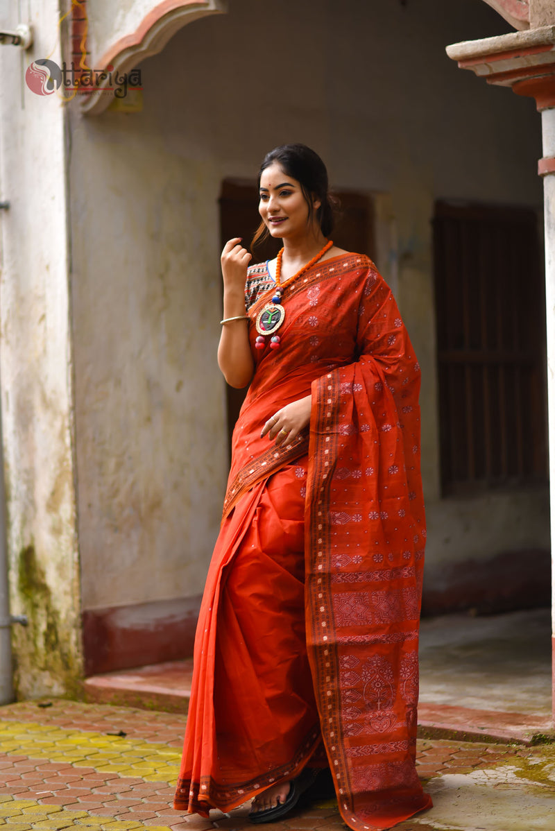 Red Brick Jamdani Saree - Uttariya