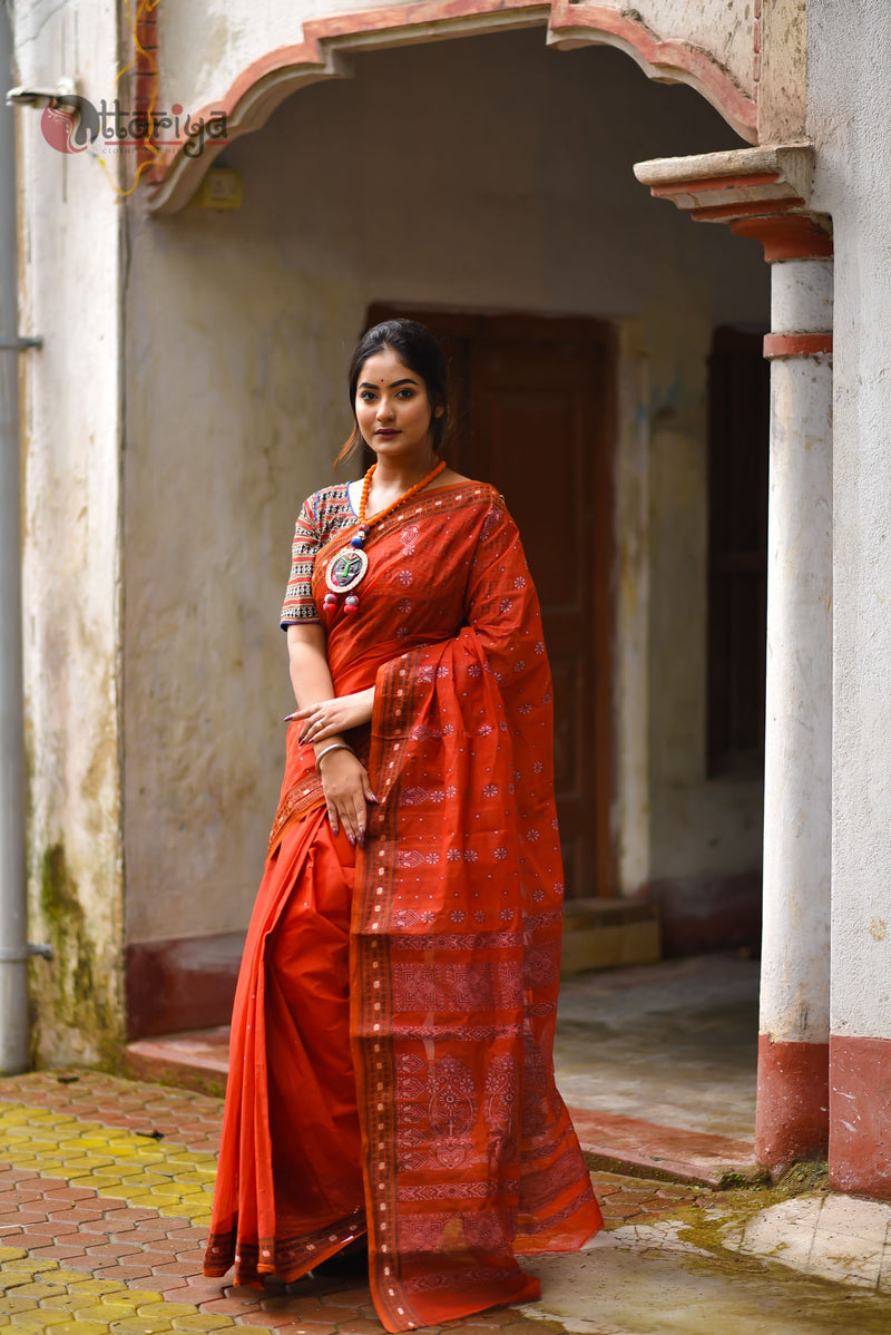 Red Brick Jamdani Saree - Uttariya