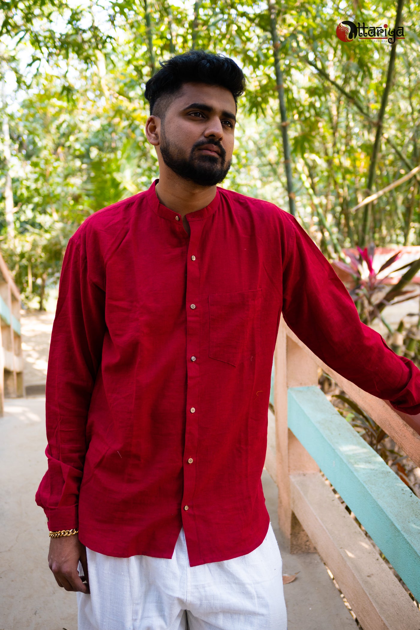Maroon Khadi Mandarain Shirt - Uttariya