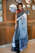 Tanchoi saree in white and black - Uttariya