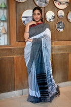 Tanchoi saree in white and black - Uttariya