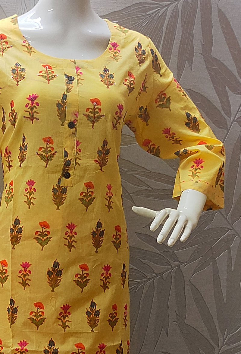 Yellow floral cotton Kurti Set - Uttariya