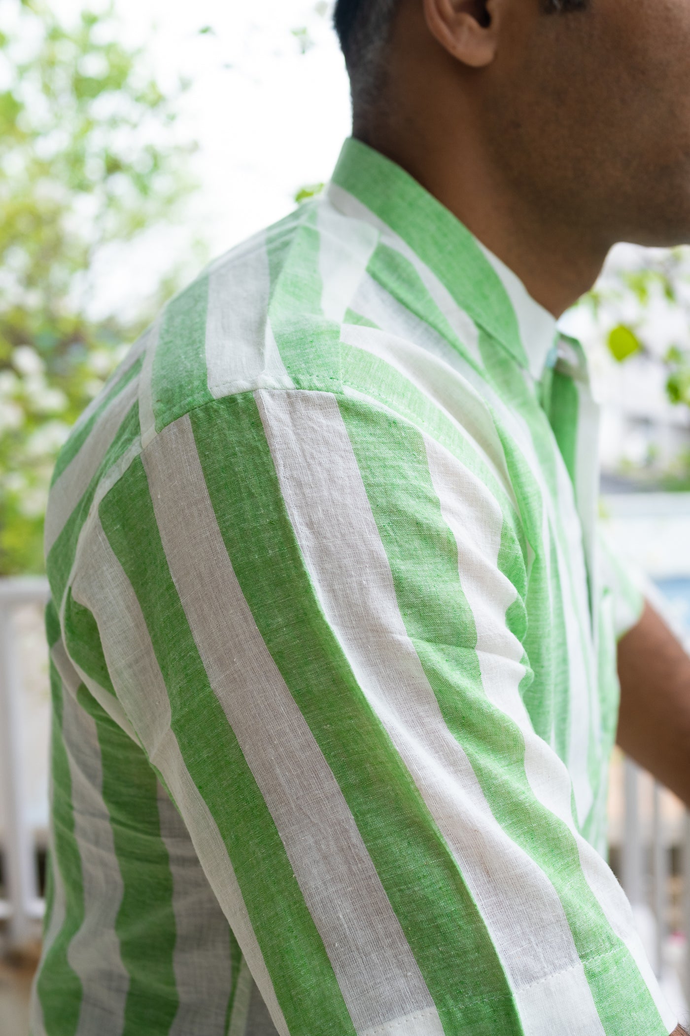 Handloom cool green stripe short sleeve shirt - Uttariya