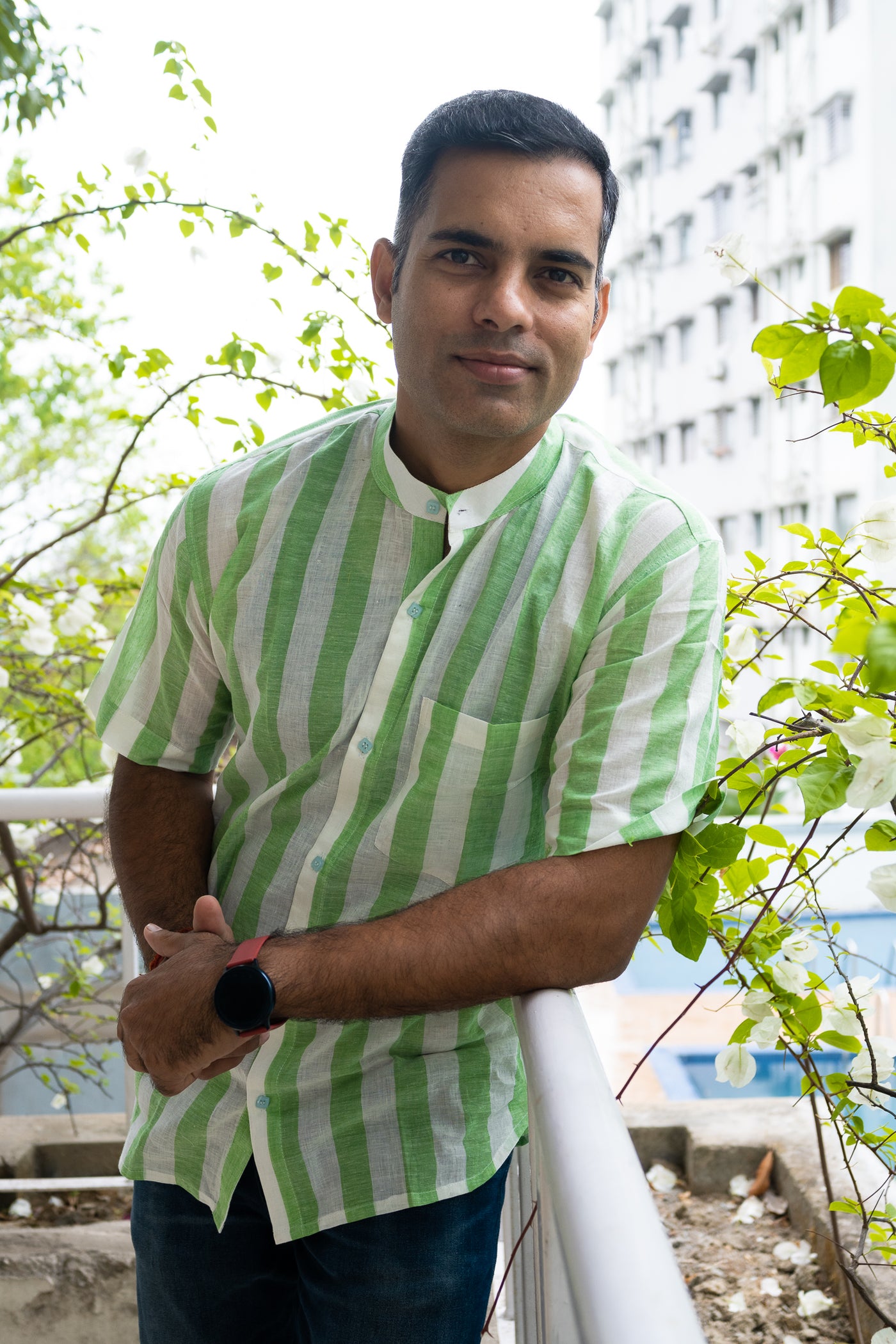 Handloom cool green stripe short sleeve shirt - Uttariya