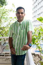 Handloom cool green stripe short sleeve shirt - Uttariya