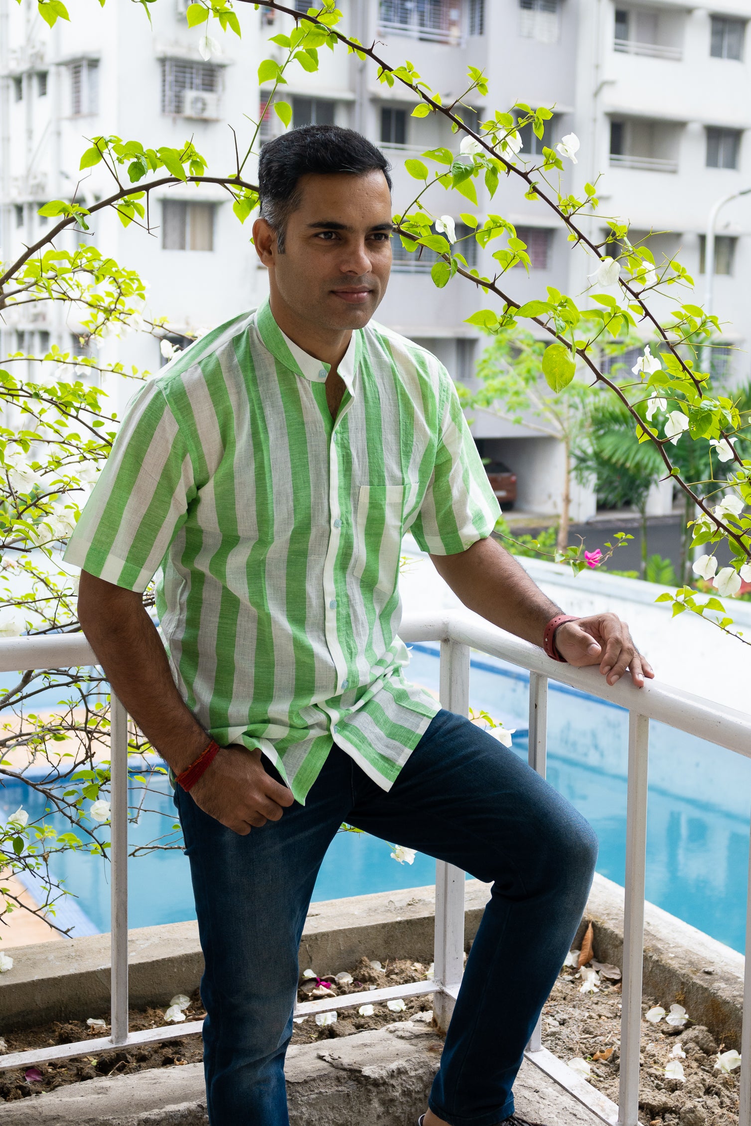 Handloom cool green stripe short sleeve shirt