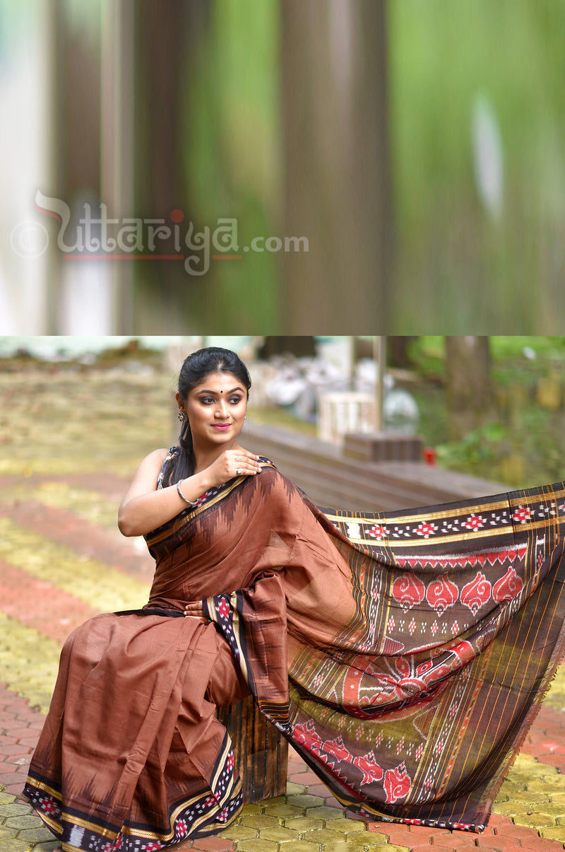 Handloom Chocolate Bite Ikat Saree - Uttariya