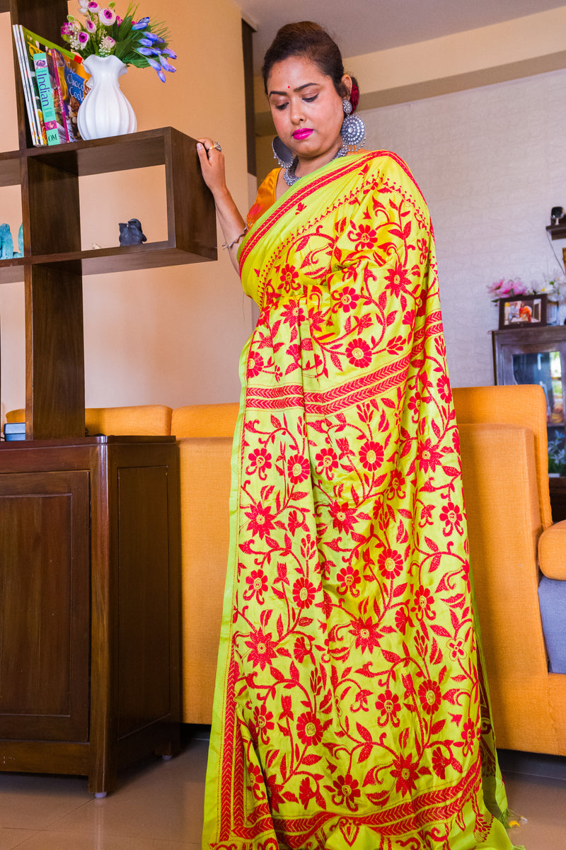Green katha Saree