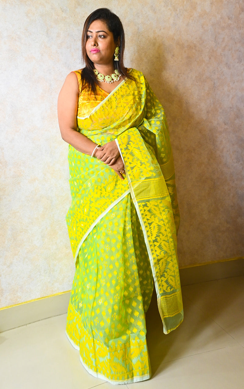 Lime green maslin Bangladesh dhakai saree