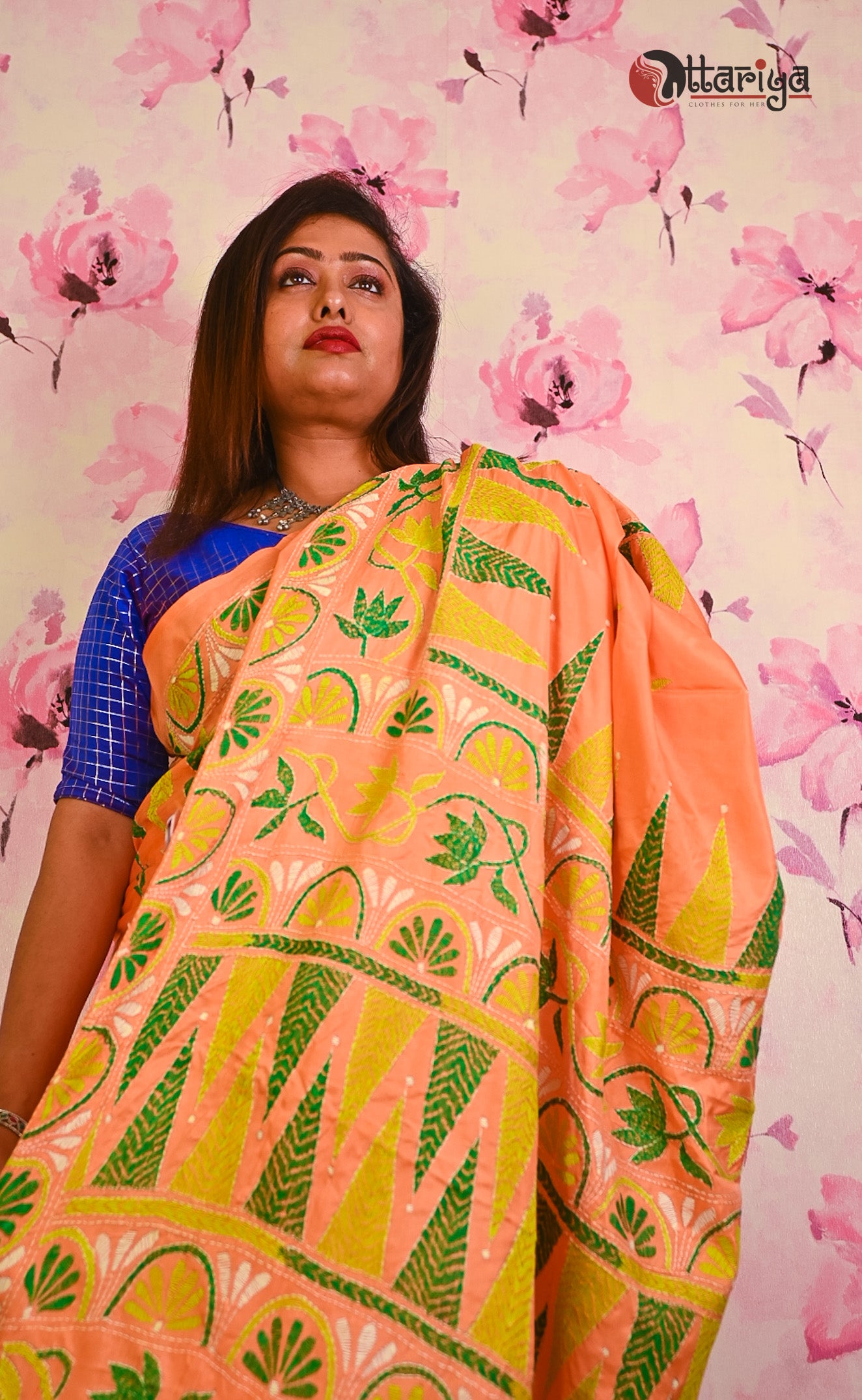 Peach Katha silk saree - Uttariya