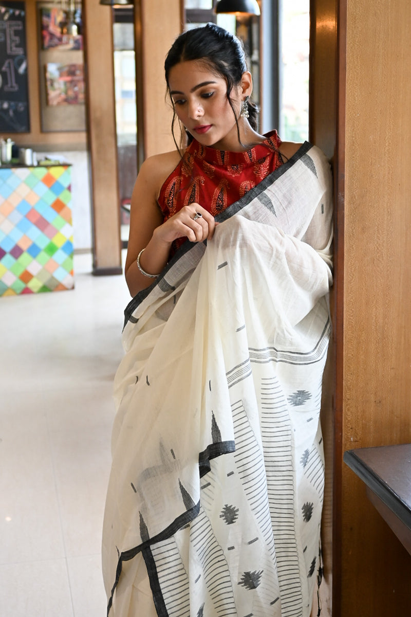 White black handspun saree