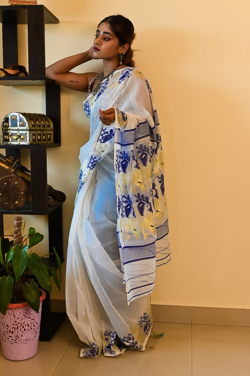 White blue jamdani saree