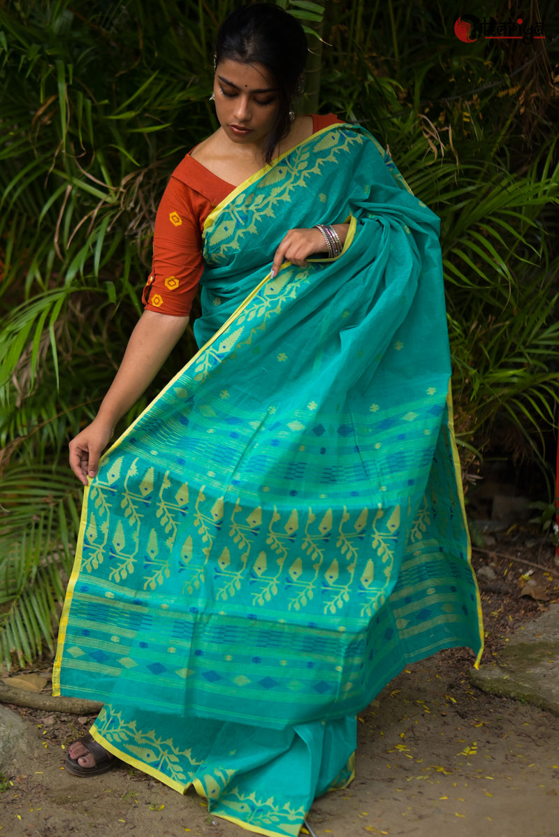 Sea green Jamdani Saree - Uttariya