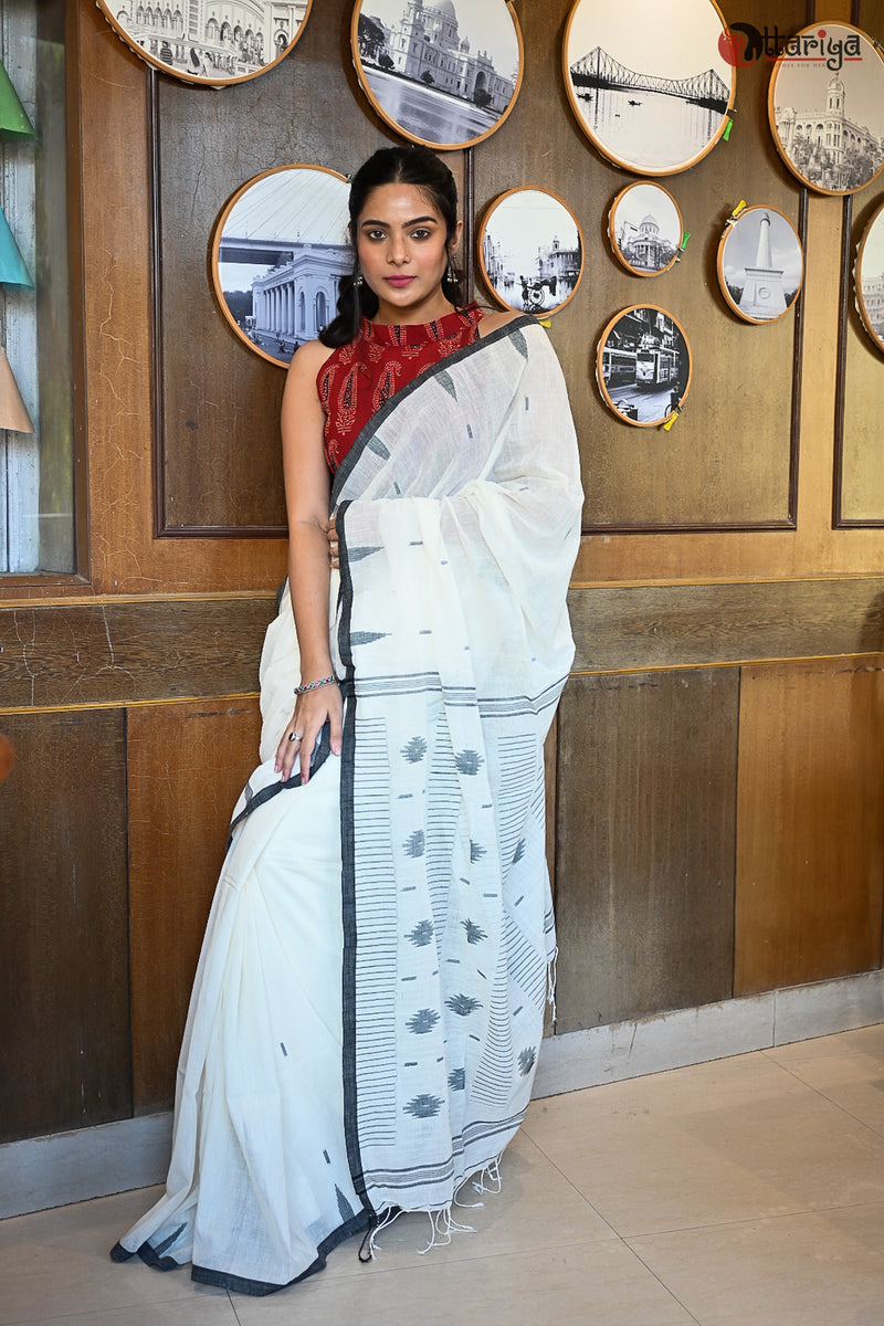 White black handspun saree